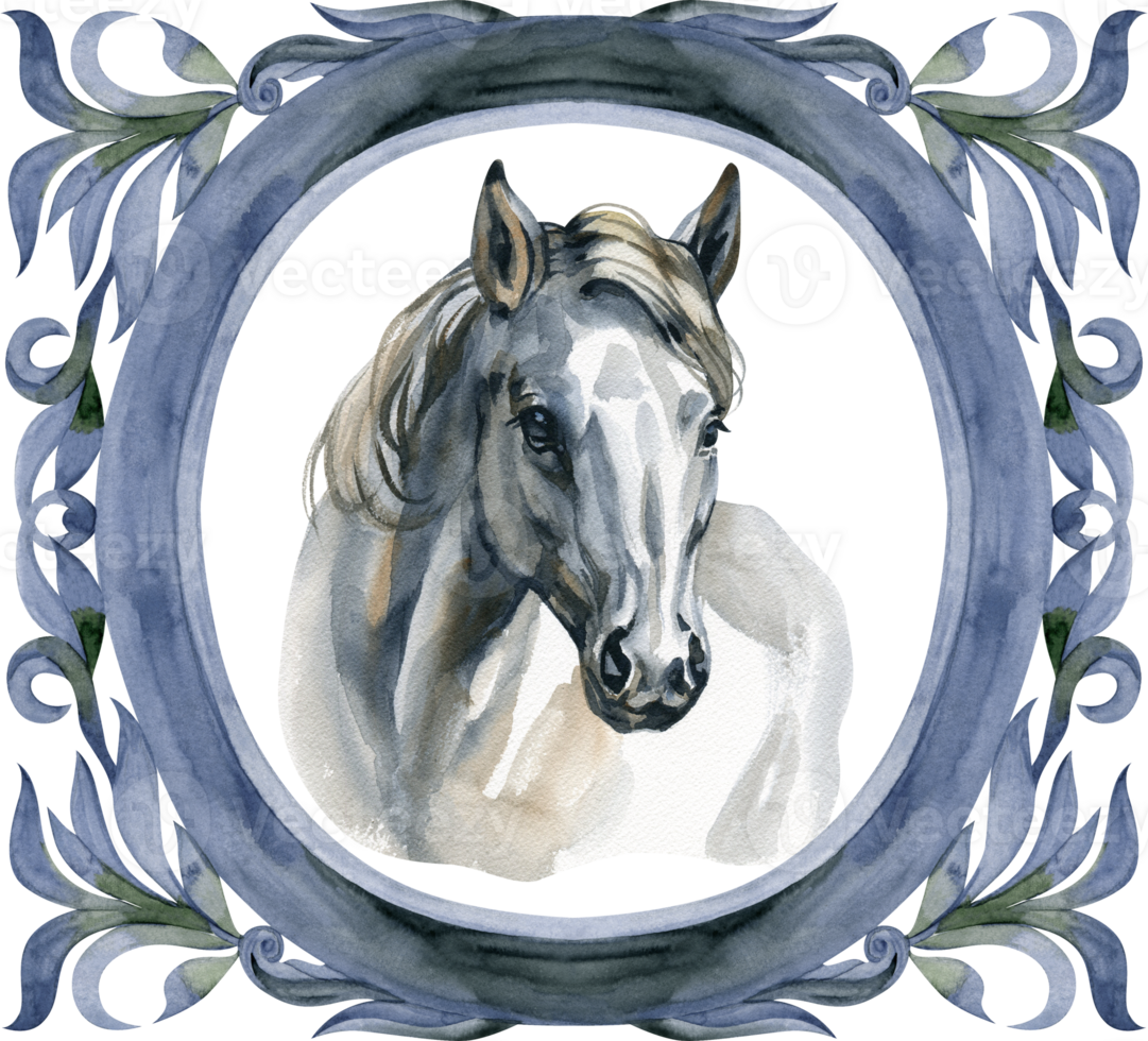 White Horse in vintage frame, circle, antique style illustration