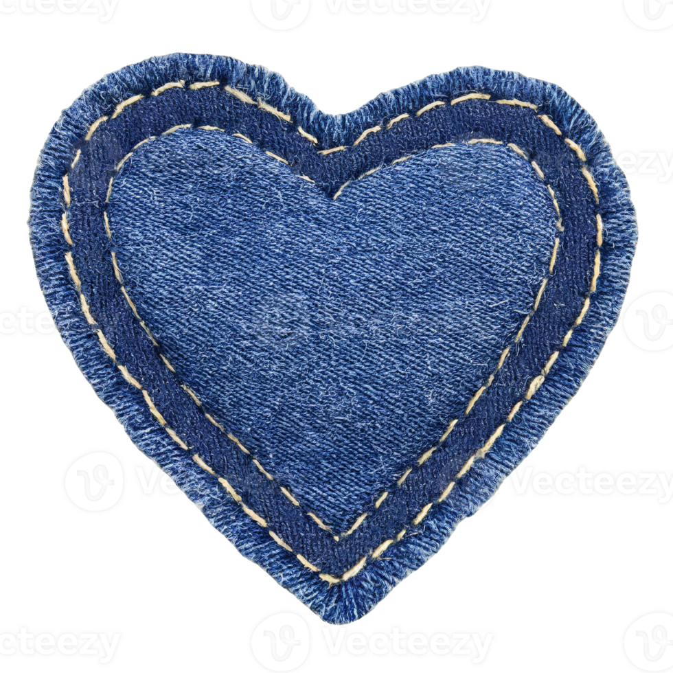 AI generated Jeans blue heart embroidered fabric patch png