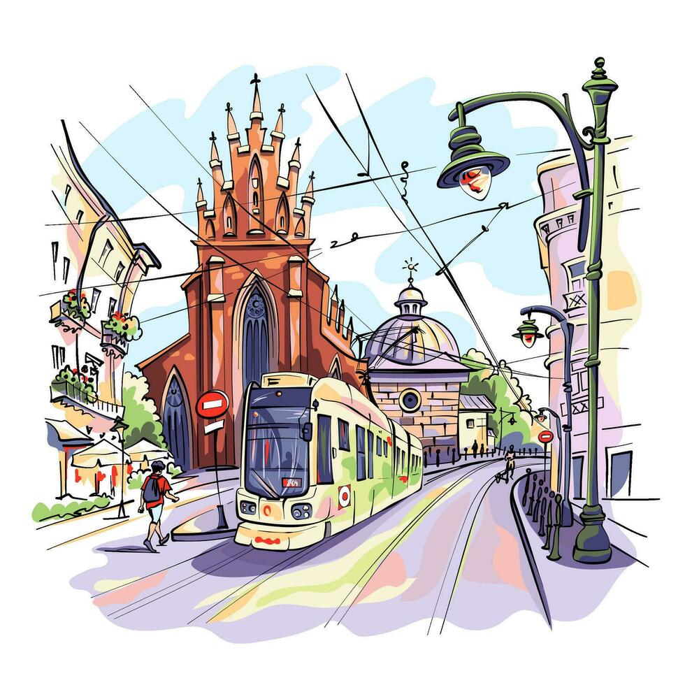 Tram near Holy Trinity Church, Krakow, Poland vector