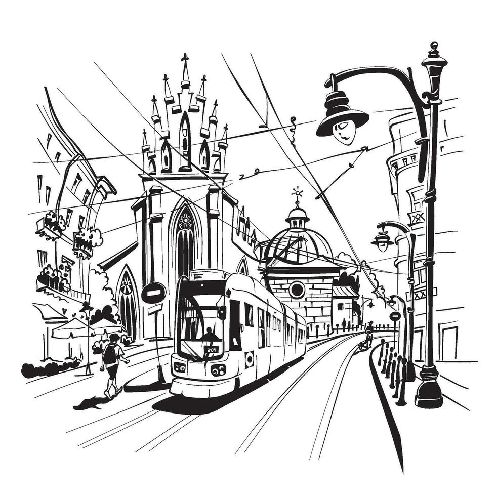 Tram near Holy Trinity Church, Krakow, Poland vector