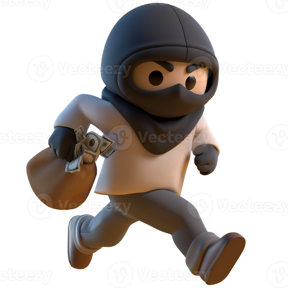 AI generated Masked thief carrying money, 3d character design. Suitable for security, crime and design elements png