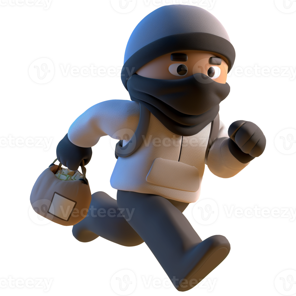 AI generated Masked thief carrying money, 3d character design. Suitable for security, crime and design elements png