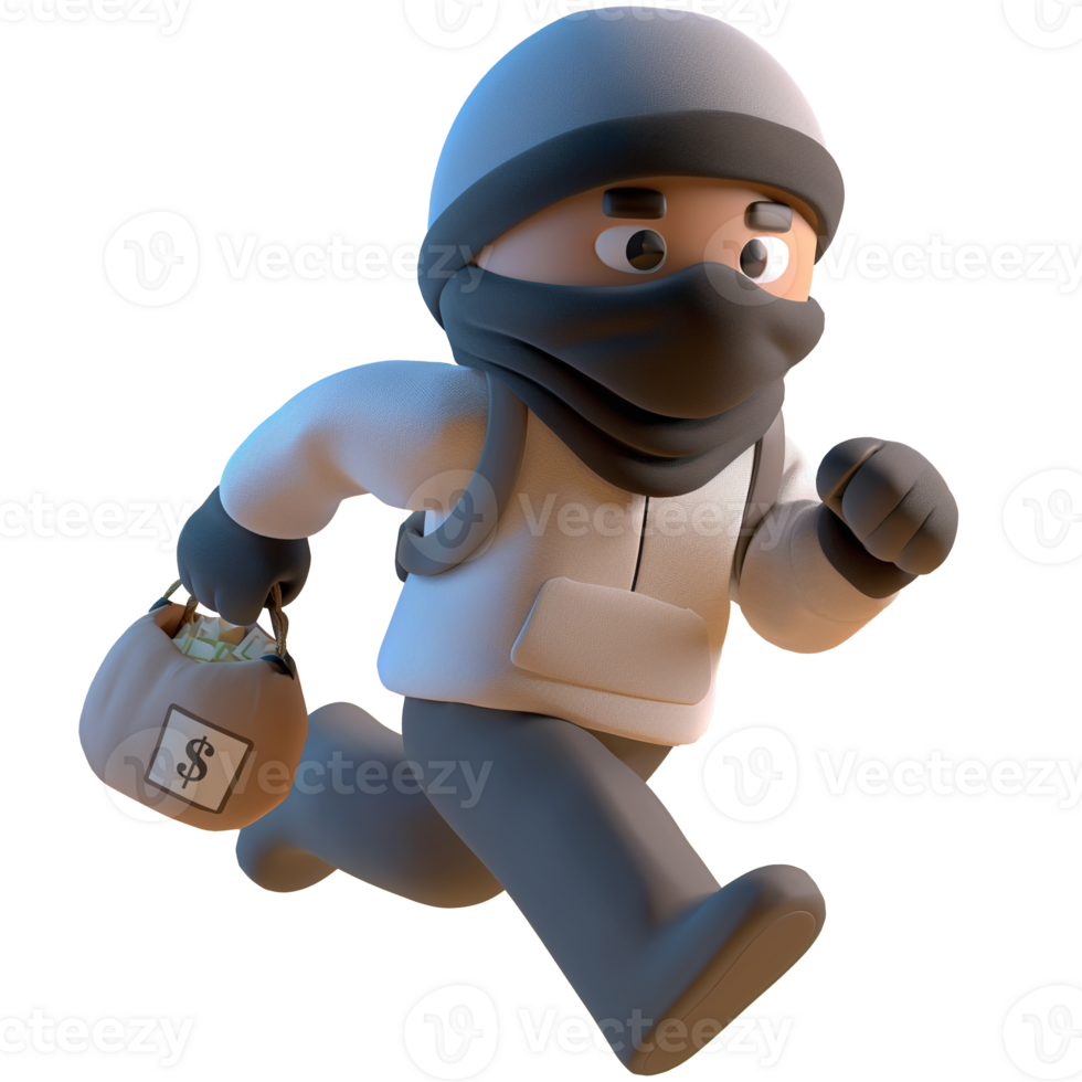 AI generated Masked thief carrying money, 3d character design. Suitable for security, crime and design elements png