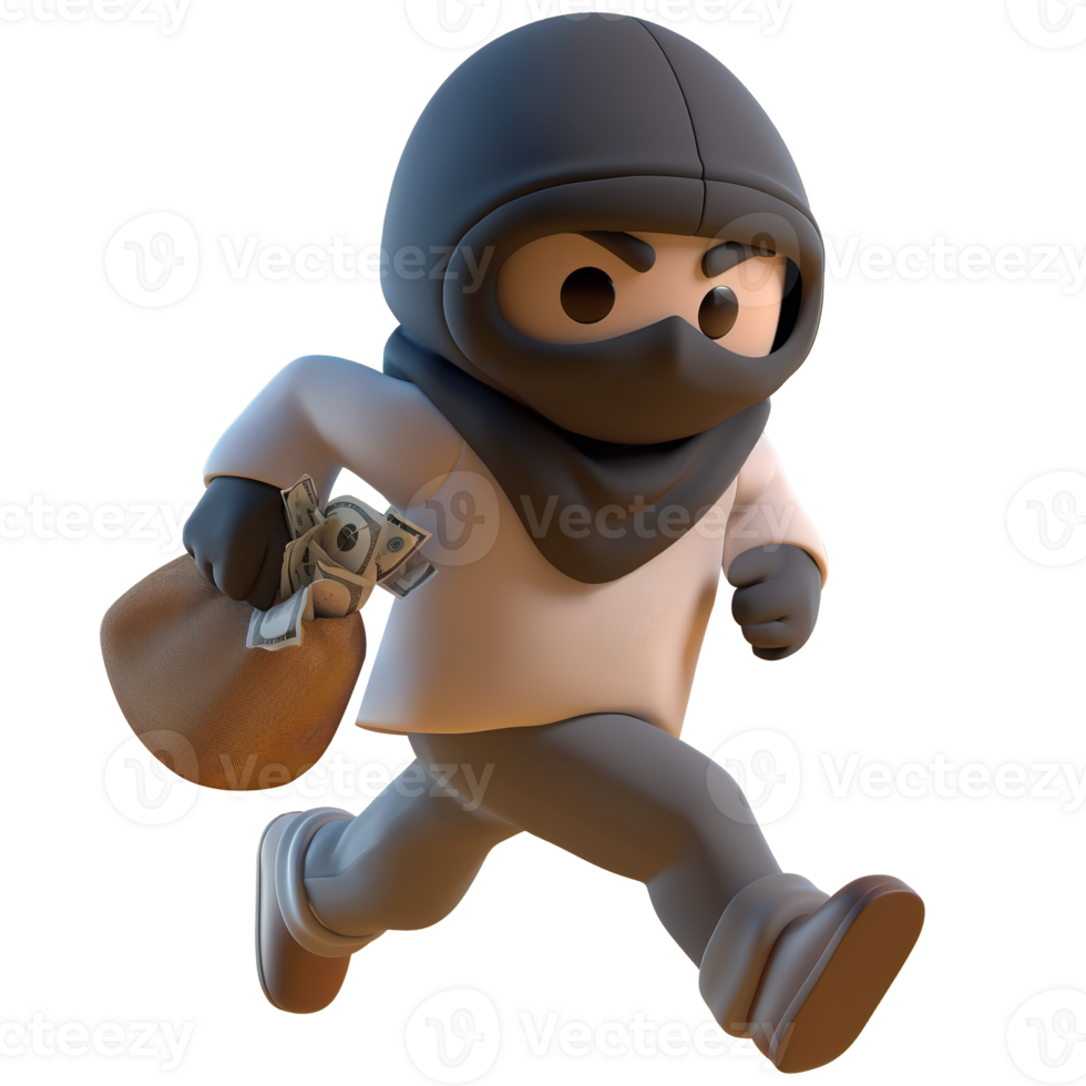 AI generated Masked thief carrying money, 3d character design. Suitable for security, crime and design elements png