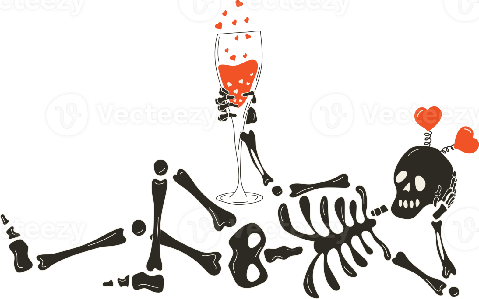 Funny Skeleton with decor for Valentine's day. Cute character Skeleton Bones png