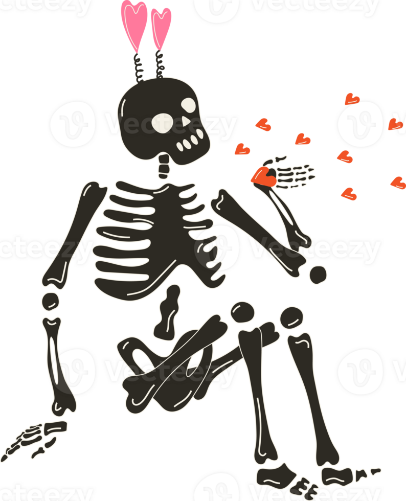 Funny Skeleton with decor for Valentine's day. Cute character Skeleton Bones png
