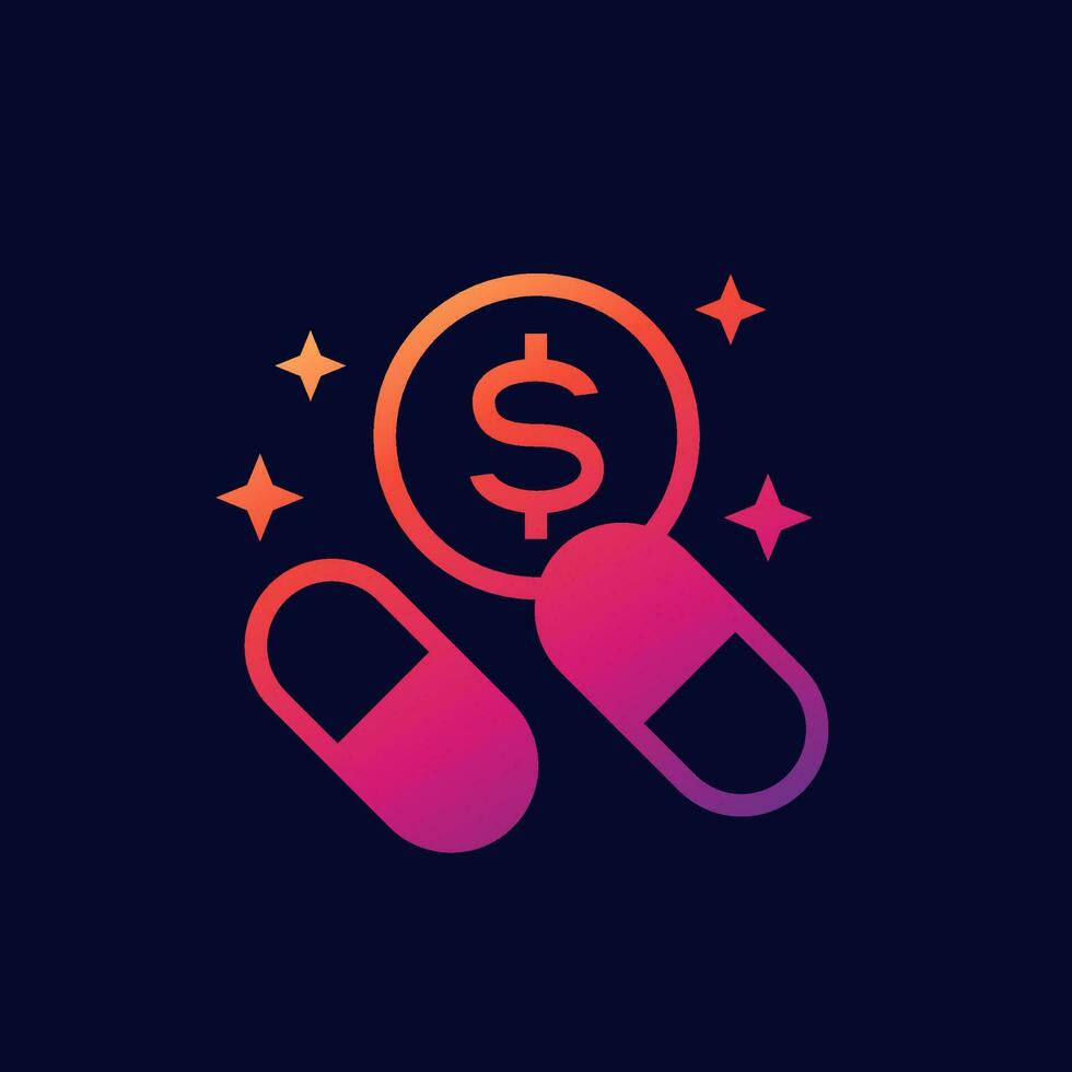 medication cost icon, money and pills vector