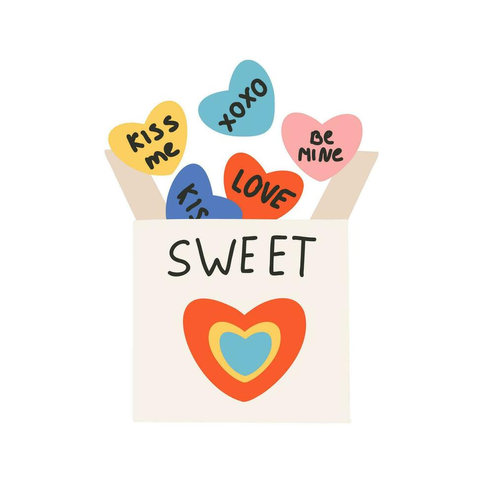 Heart-shaped candies with text text love, be mine, kiss me in a box. Symbol of love, romance. Design for Valentine's Day. vector