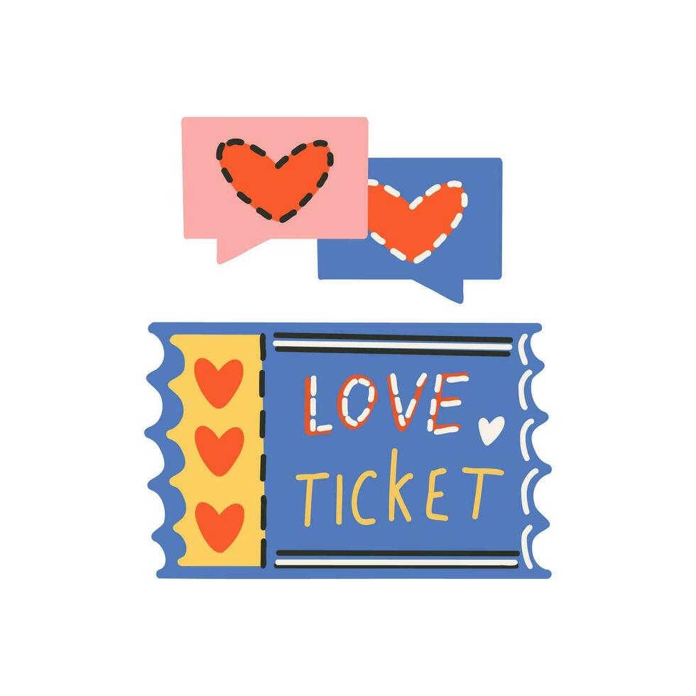 Ticket, coupon with heart and text love ticket, dialog icons with heart. Symbol of love, romance. Design for Valentine's Day. vector
