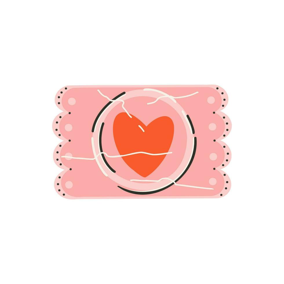 un condón con un corazón en el envoltura. símbolo de amar, romance. diseño para San Valentín día. vector