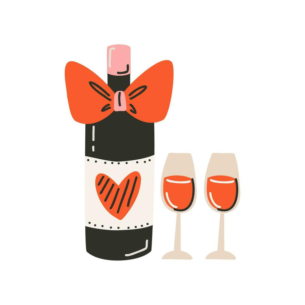 Wine with bow, label with heart and glasses. Symbol of love, romance. Design for Valentine's Day. vector