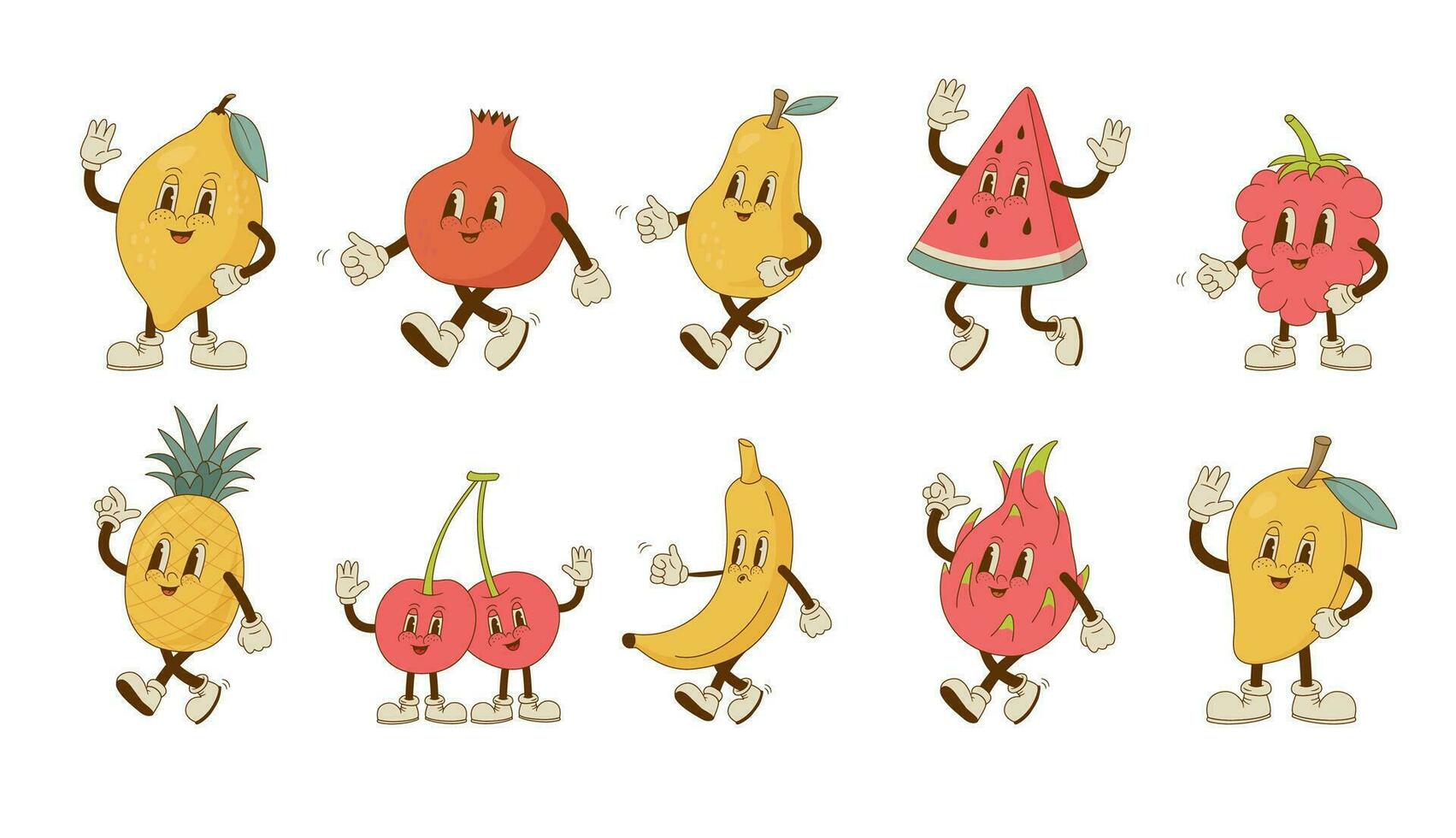 Set of cute retro cartoon fruit and berry mascots. Vintage watermelon, cherry, pineapple, mango, pear, pomegranate, dragon fruit, banana, raspberrie  characters. Vector illustration.