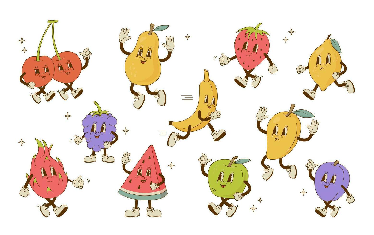 Set of funny retro cartoon fruit and berry characters. Vintage watermelon, cherry, blackberry, mango, pear, apple, dragon fruit, banana, strawberry plum, mascot. Nostalgia vector illustration.