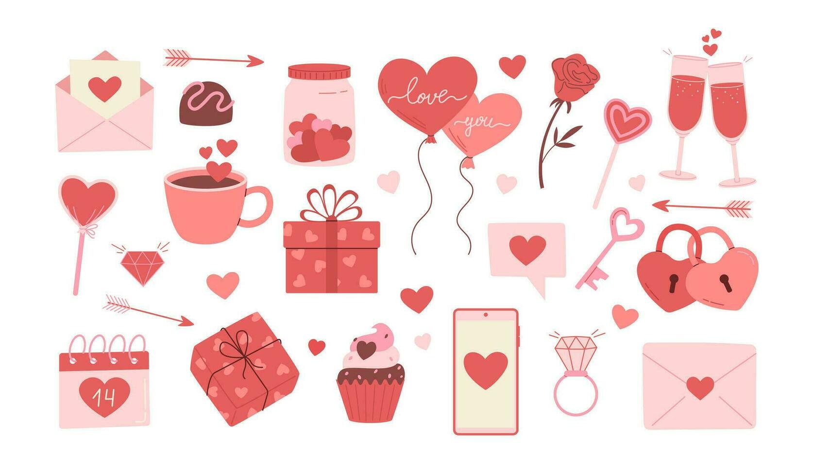 contento San Valentín día vector ilustración colocar. decorativo elementos para invitación, saludo tarjeta, tarjeta postal. corazones, sobre, globo, dulces, beber, regalo caja, mensaje, candado y llave íconos