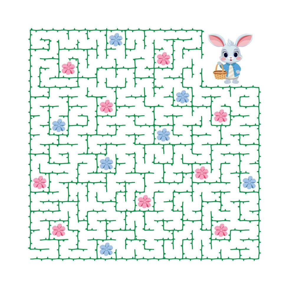 Vector illustration. Puzzle game. Help the Bunny pick flowers and get out of the maze. Game for children