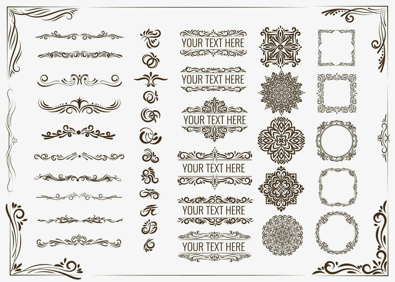 clásico caligrafía remolinos, caracteres decorativos, divisores, floral motivos, mandalas bueno para saludo tarjetas, Boda invitaciones, restaurante menú, real certificados, cerámico losas vector