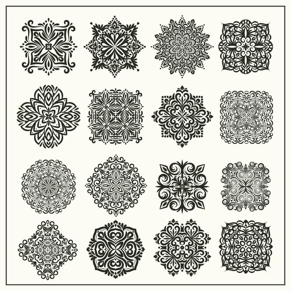 clásico adornos florido elementos para cerámico loseta diseño, impresión, decoración, alheña tatuaje. indio, Arábica, victoriano, mexicano adornos mandala colección vector