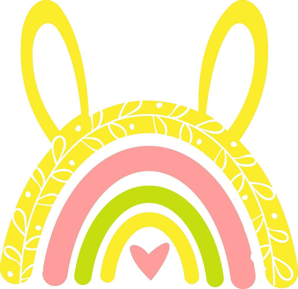 Cute Easter rainbow with bunny ears, leaves branch and heart. Vector illustration isolated on white background. Perfect for kids t-shirt, textile print, sign, card and so on