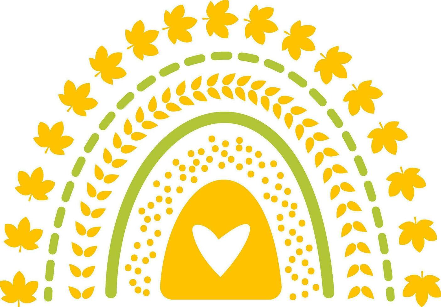 Fall boho rainbow with leaves and heart vector illustration isolated on white background. Abstract modern autumn rainbow. Perfect for t-shirt or textile print, icon, sign, card and so on