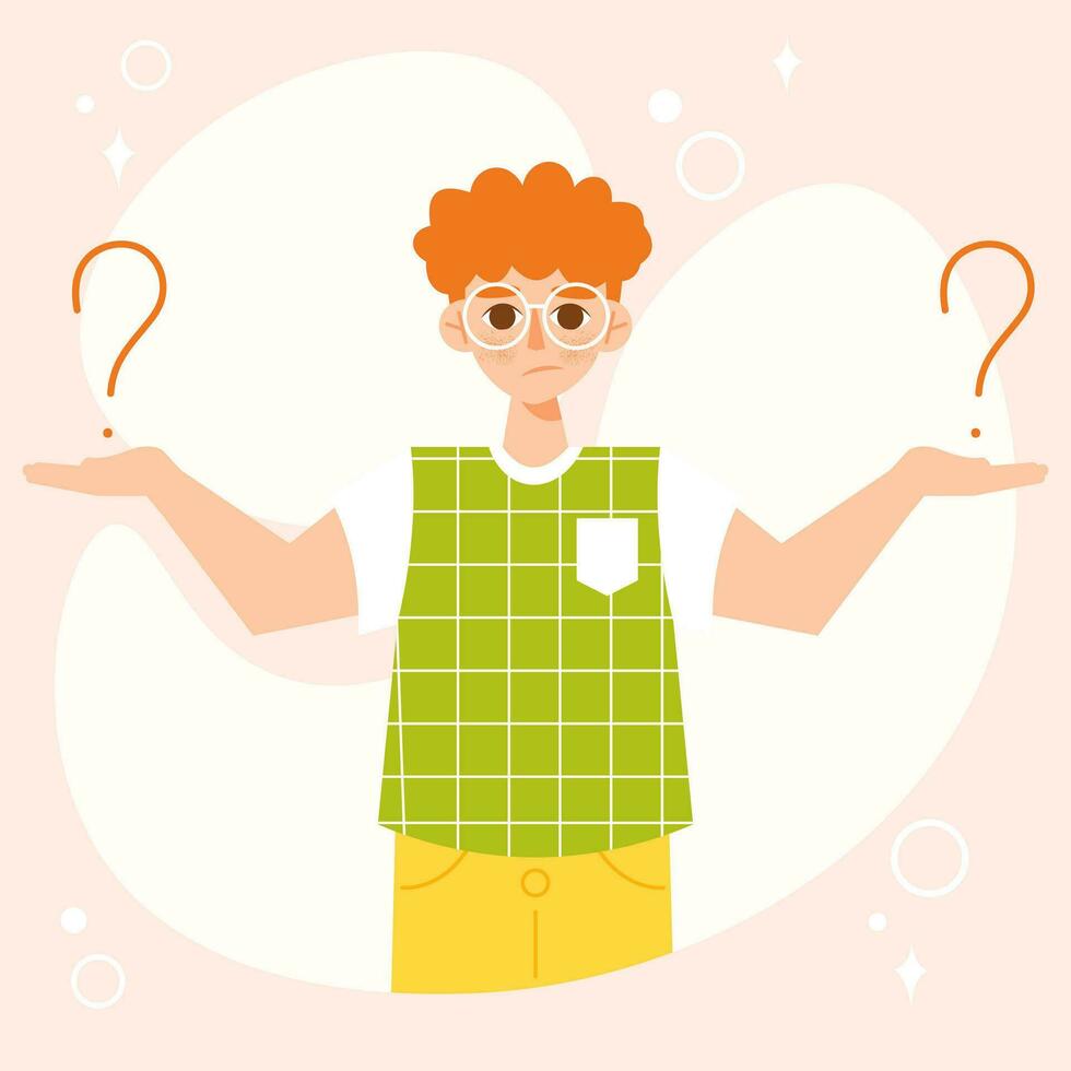 Confused young guy thinking and making choice. Vector character in flat cartoon style. Concept of solving problem, doubting, making decision