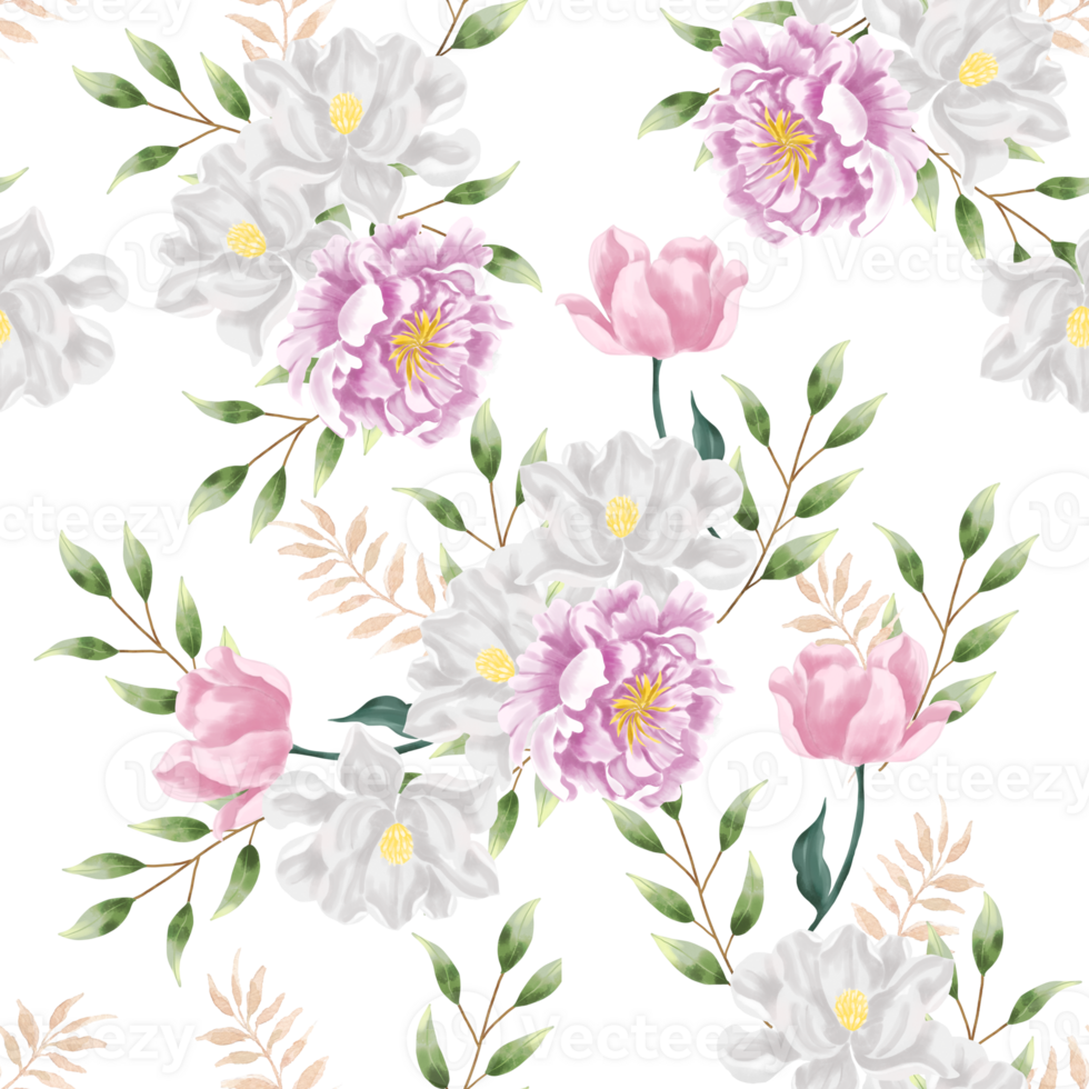 Purple Peony and White Jasmine Watercolor Flower Seamless Pattern png