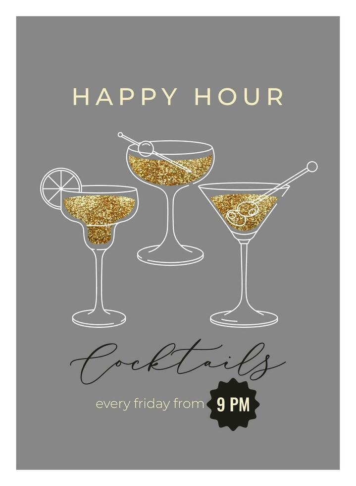 Modern flat happy hour cocktails print. Colorful background with cocktail glasses. Cafe, bar and restaurant concept poster and web banner. Vector illustration.