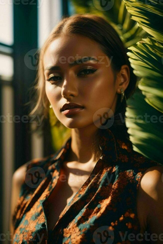 AI generated Stunning beautiful young woman with high contrast shadow and fashionable style photo