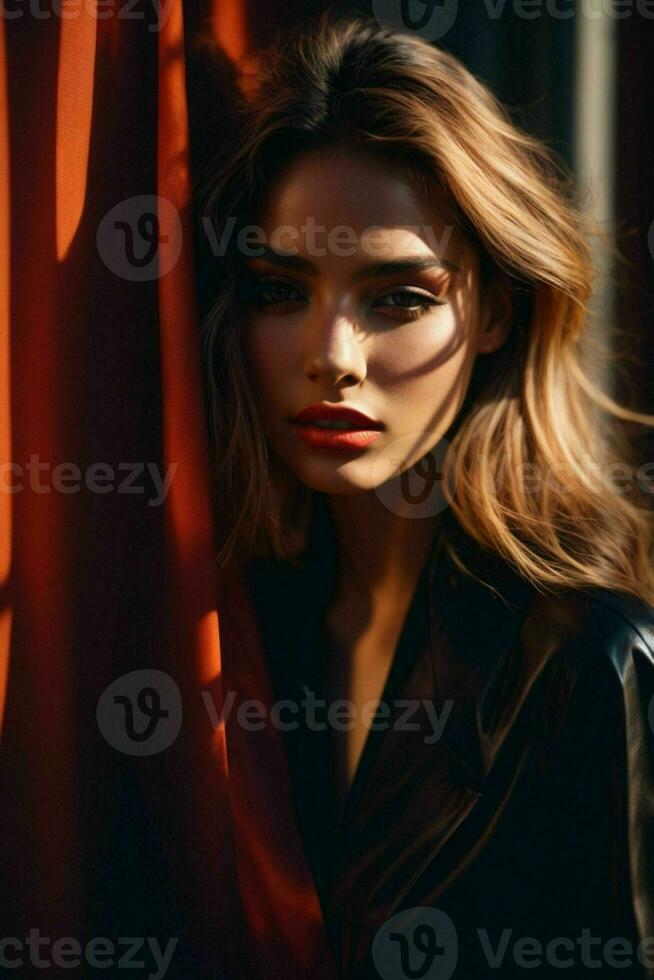 AI generated Stunning beautiful young woman with high contrast shadow and fashionable style photo
