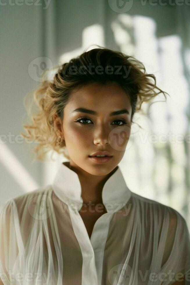 AI generated Stunning beautiful young woman with high contrast shadow and fashionable style photo