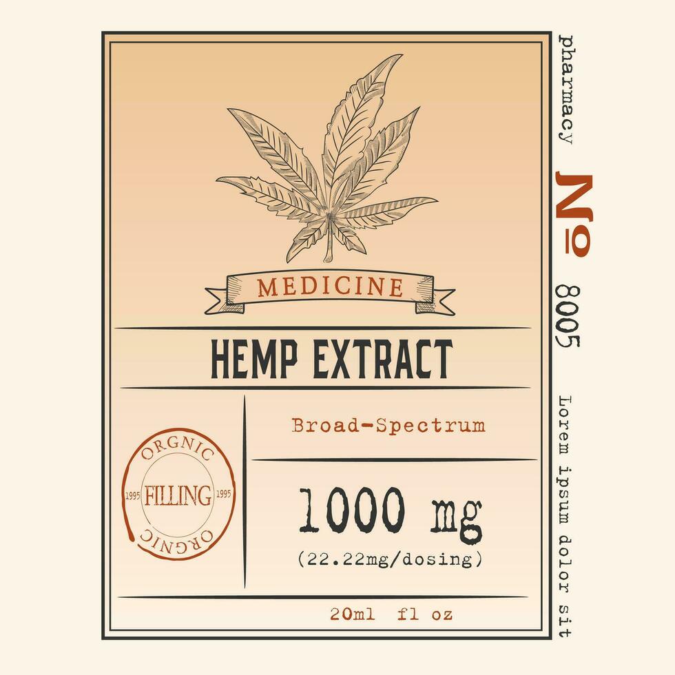 Cannabis tincture design on bottle. Marijuana logo template with hand drawn elements. Vector illustration in sketch vintage style