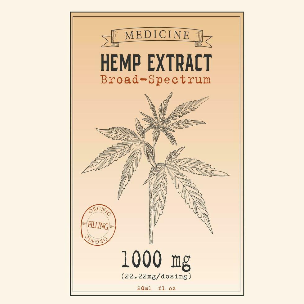 Cannabis tincture packaging design. Marijuana logo template with hand drawn elements. Vector illustration in sketch vintage style