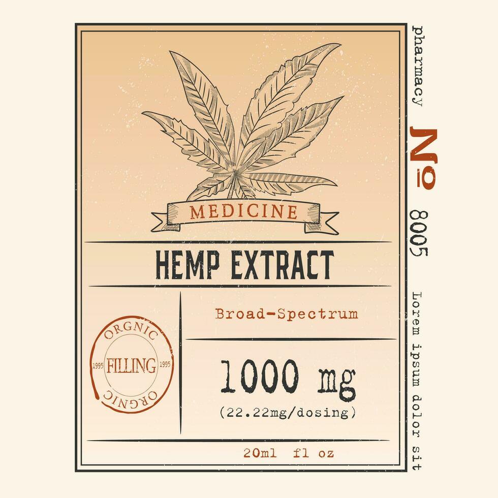 Cannabis tincture design on bottle. Marijuana logo template with hand drawn elements. Vector illustration in sketch vintage style with grunge texture