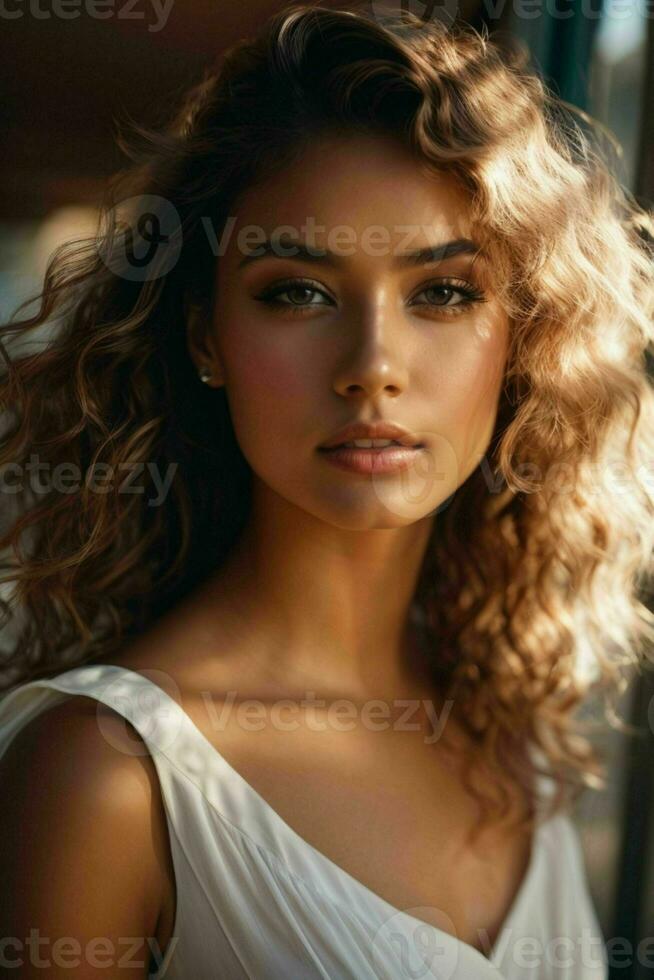 AI generated Stunning beautiful young woman with high contrast shadow and fashionable style photo