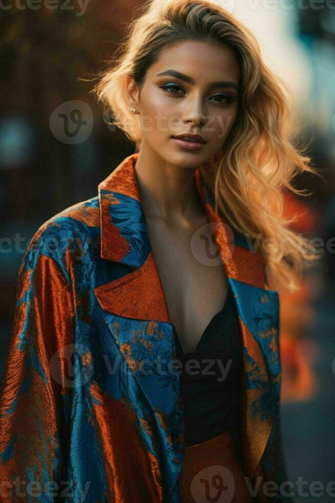 ai generado maravilloso hermosa joven mujer con alto contraste sombra y de moda estilo foto