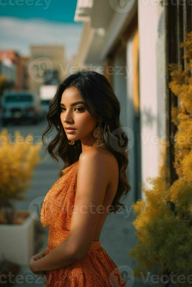 ai generado maravilloso hermosa joven mujer con alto contraste sombra y de moda estilo foto