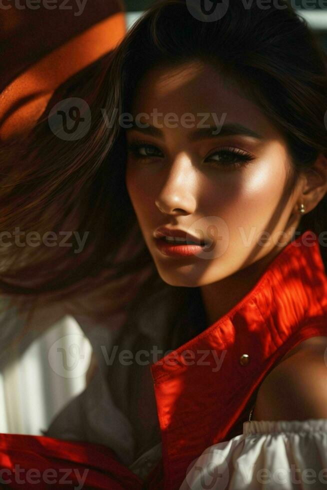 AI generated Stunning beautiful young woman with high contrast shadow and fashionable style photo