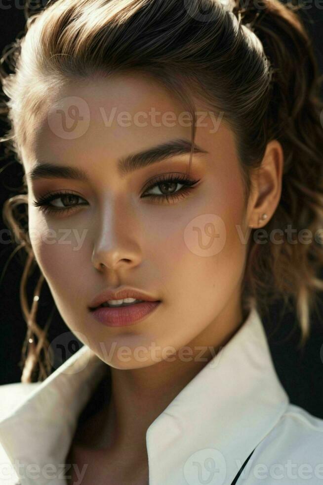 AI generated Stunning beautiful young woman with high contrast shadow and fashionable style photo