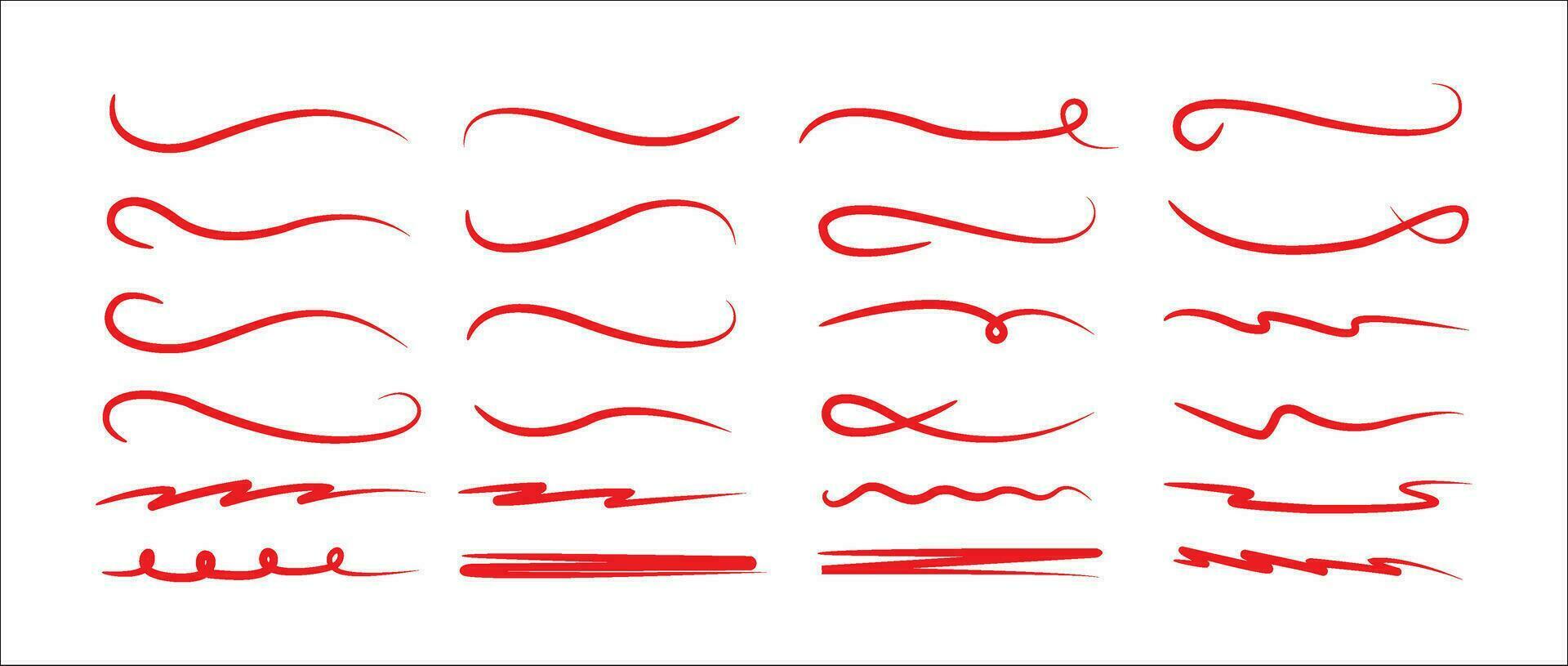 A set of red hand lettering with a brush, emphasizing lines. . Ornate swirls, decorative dividers. Underline stroke. Vector collection of design concept elements