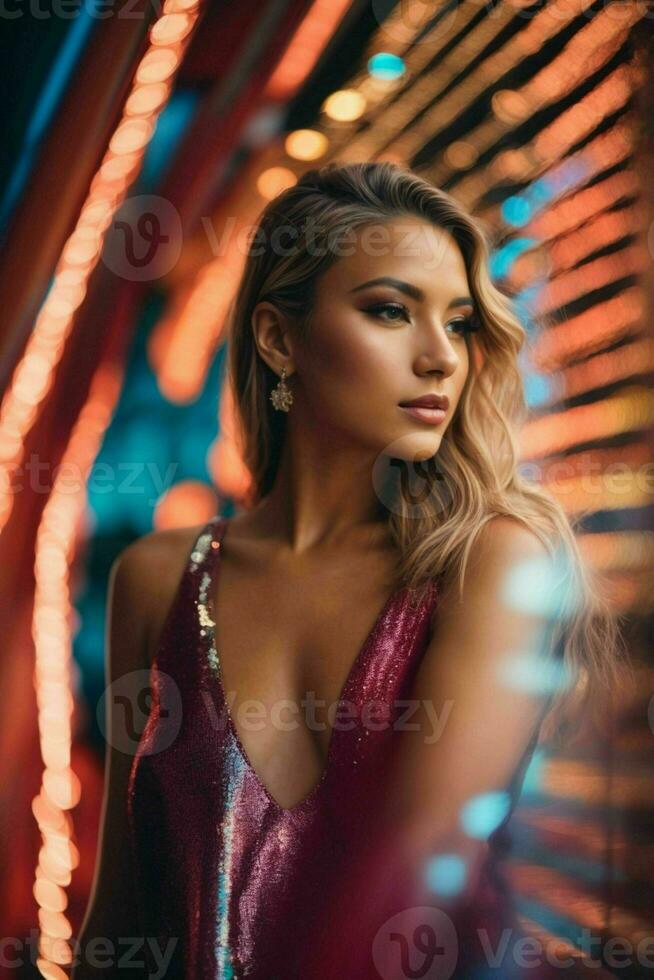 AI generated Stunning beautiful young woman with high contrast shadow and fashionable style photo