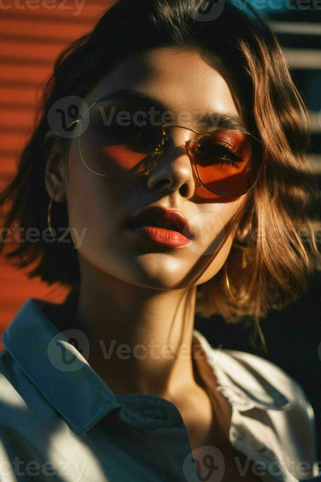 AI generated Stunning beautiful young woman with high contrast shadow and fashionable style photo
