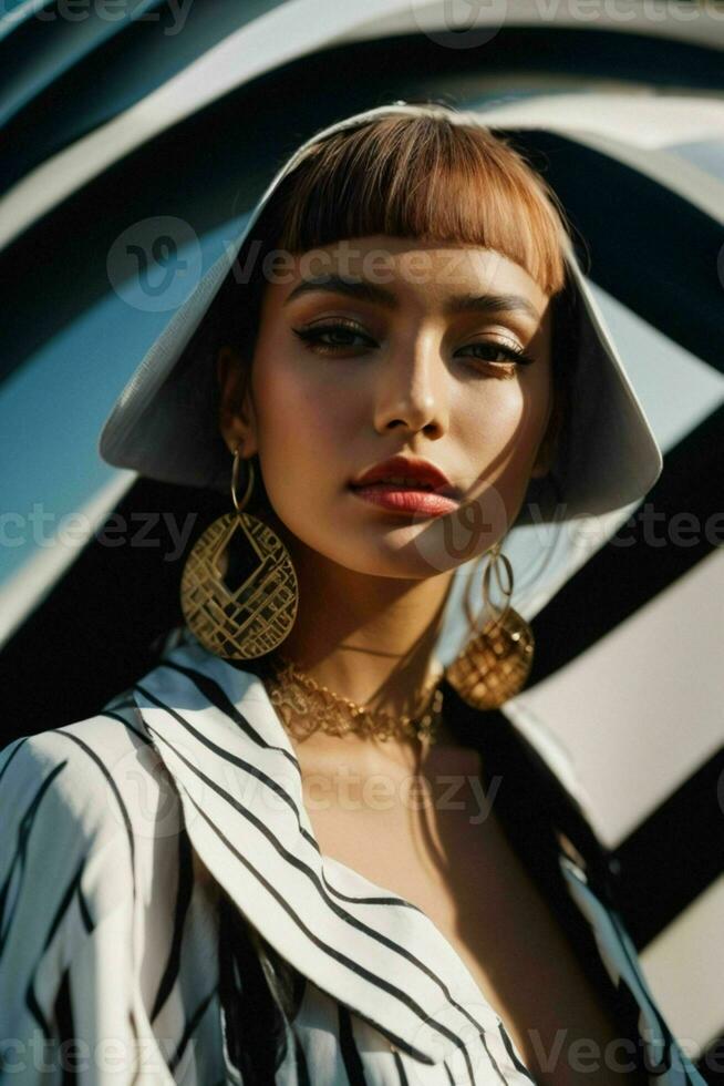 AI generated Stunning beautiful young woman with high contrast shadow and fashionable style photo