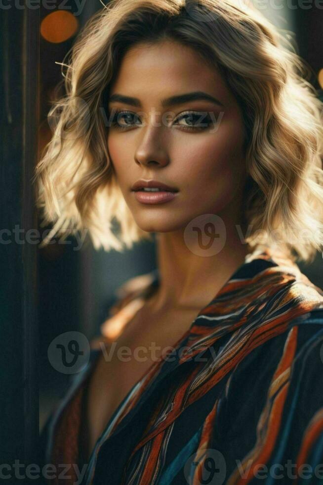 AI generated Stunning beautiful young woman with high contrast shadow and fashionable style photo