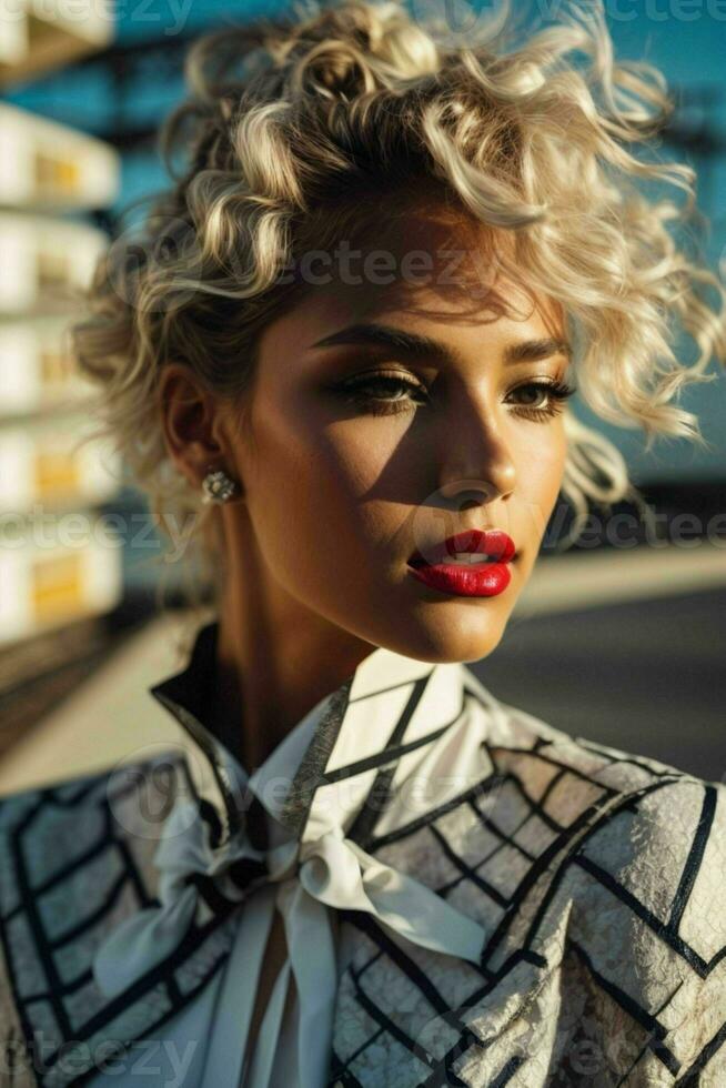 AI generated Stunning beautiful young woman with high contrast shadow and fashionable style photo