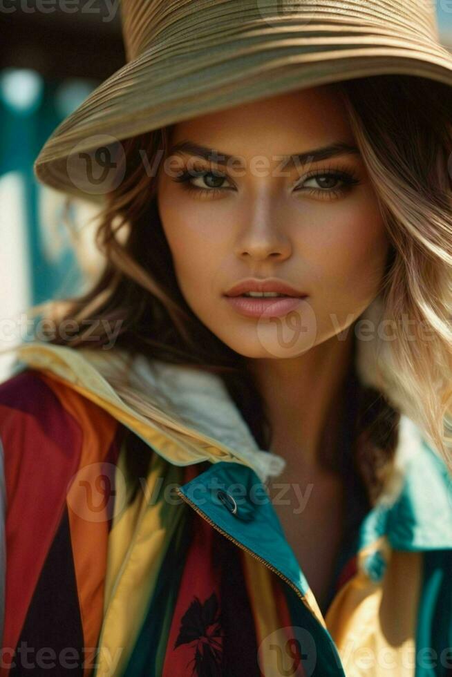 AI generated Stunning beautiful young woman with high contrast shadow and fashionable style photo