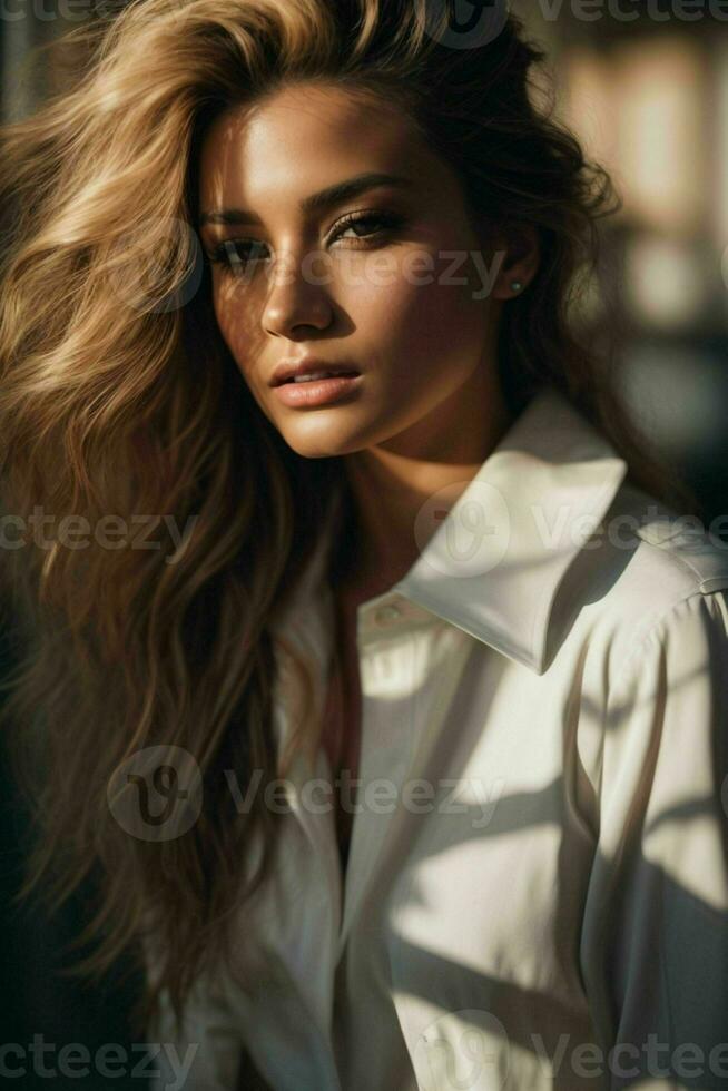 ai generado maravilloso hermosa joven mujer con alto contraste sombra y de moda estilo foto