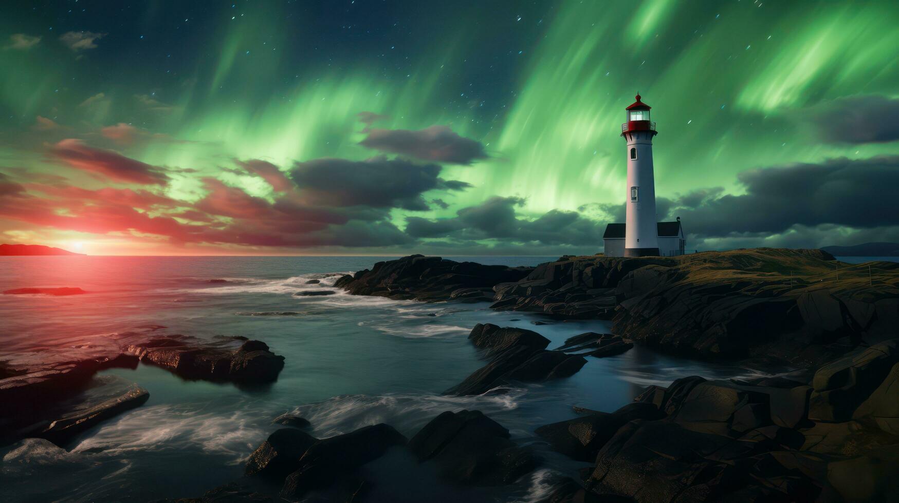 AI generated Burning lighthouse and northern Lights in the sky. Generative AI photo