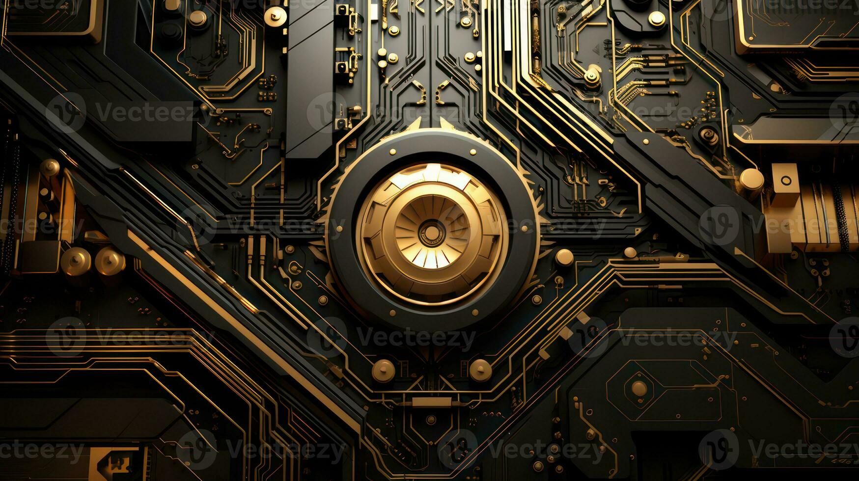 AI generated Golden black circuit board chip tech background. Generative AI photo