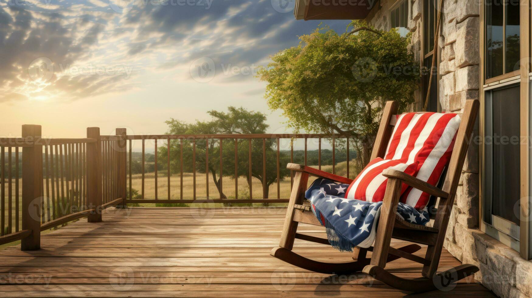 AI generated Rocking chair and USA flag colors on veranda of rural house. Generative AI photo