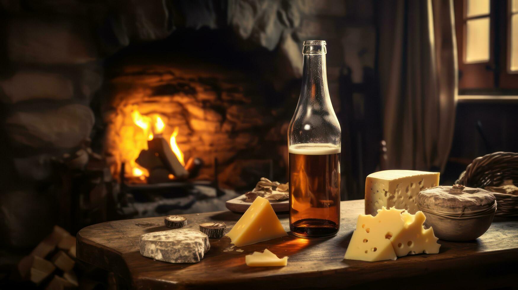 AI generated Bottle and mug of beer on background of burning fireplace. Generative AI photo