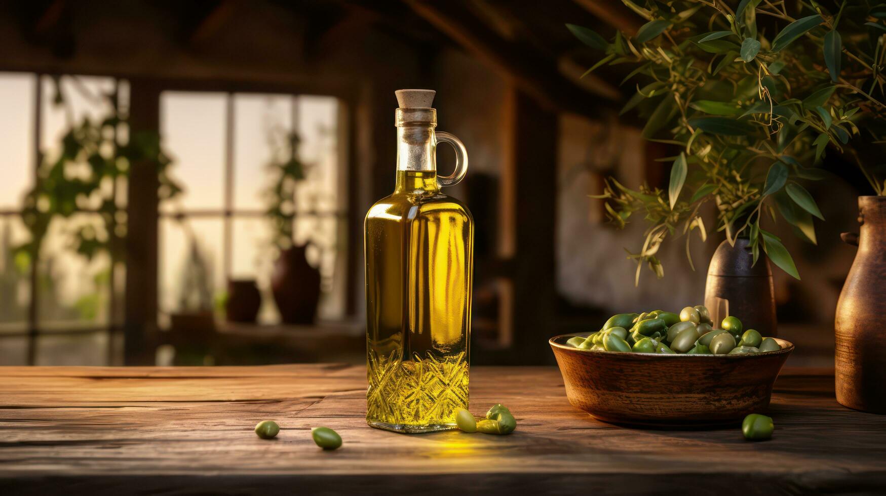 AI generated Olives and olive oil on rural rustic background. Generative AI photo